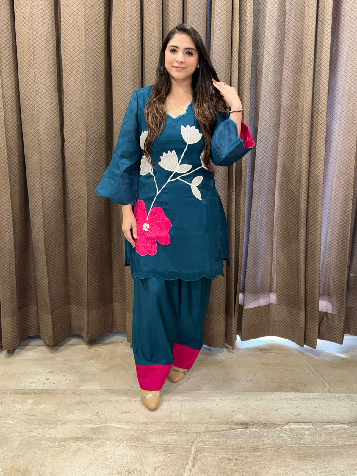 Designer Blue Farshi Set with flower applique work