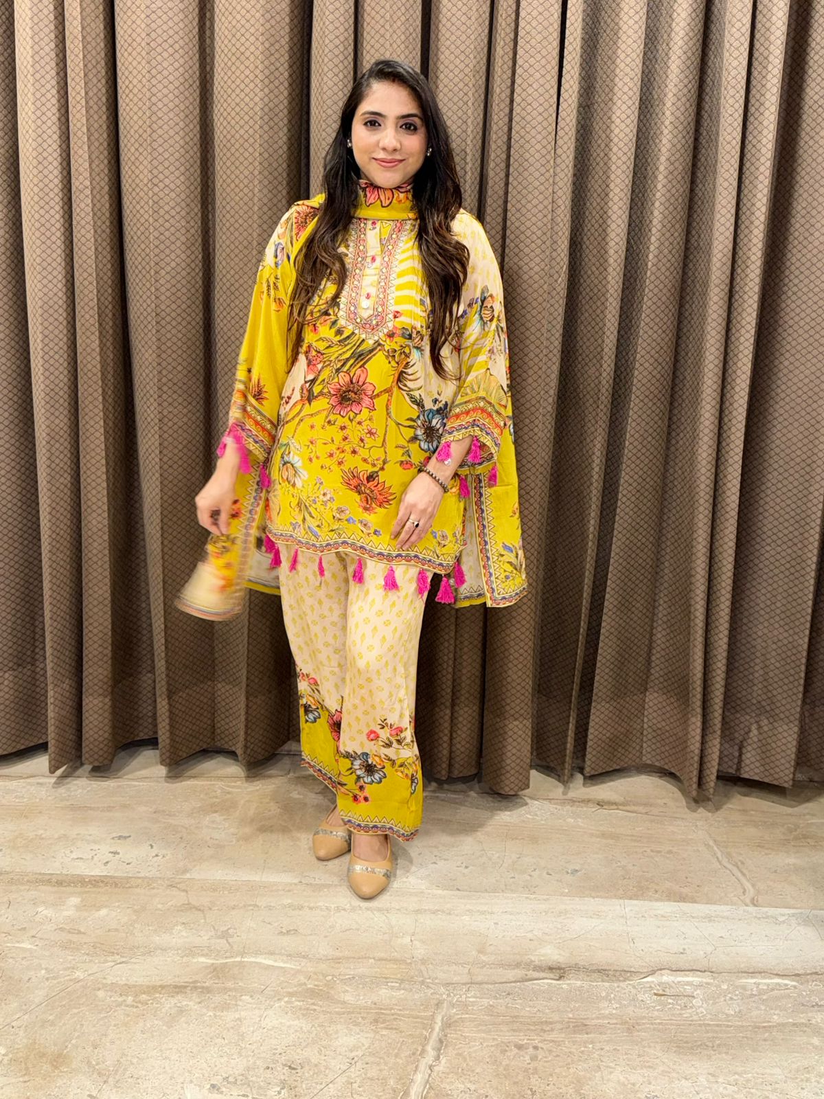 Elegant Yellow digital Plazoo set with handwork & tassels