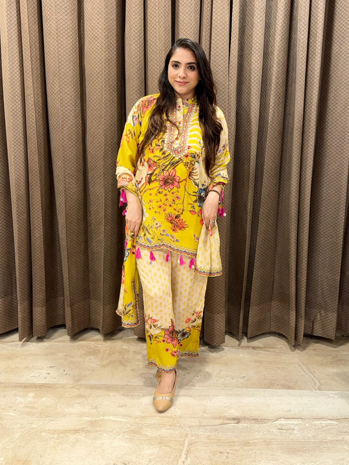 Elegant Yellow digital Plazoo set with handwork & tassels