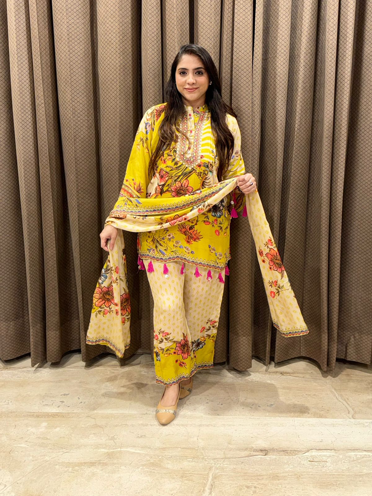 Elegant Yellow digital Plazoo set with handwork & tassels
