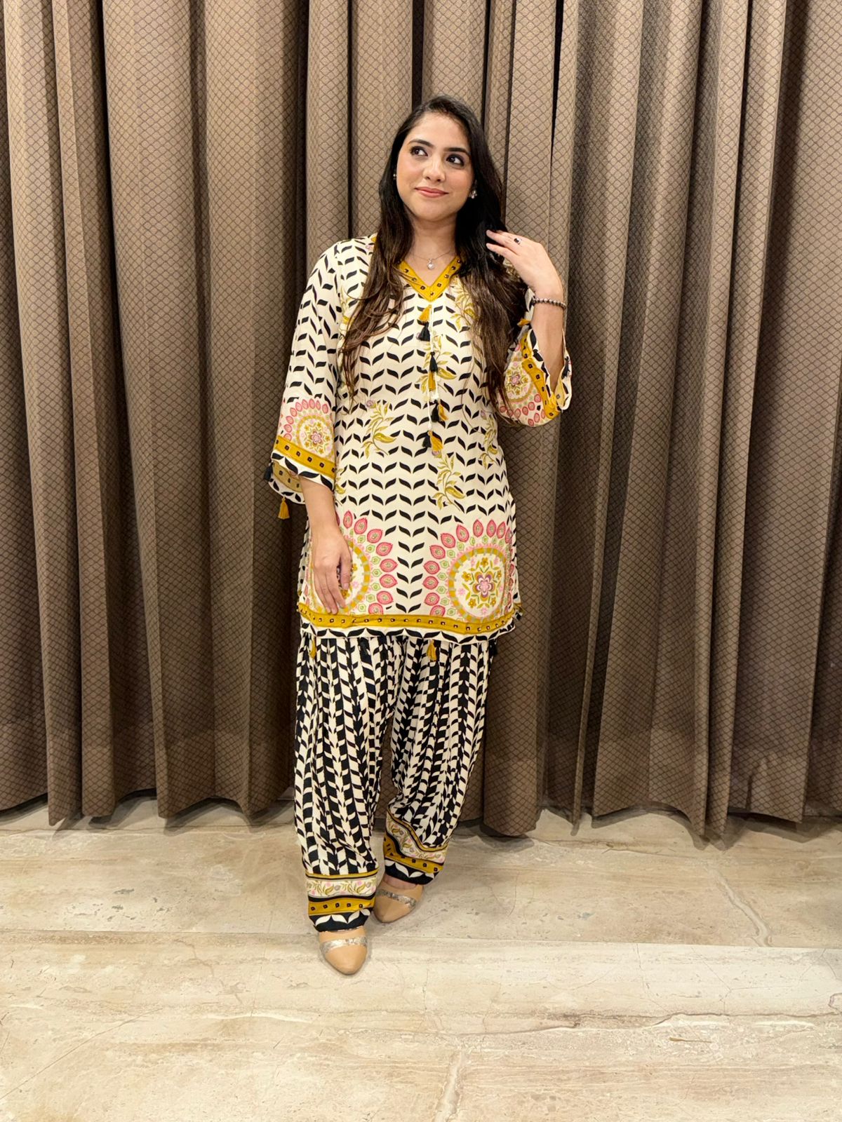 Designer Black Digital print Farshi set with tassel detailing