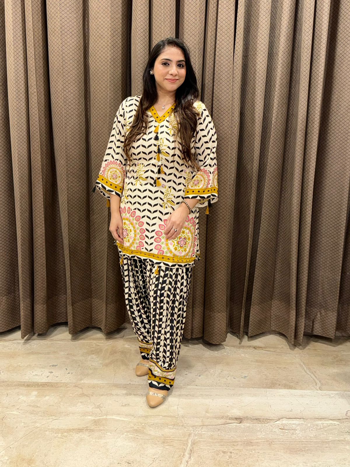Designer Black Digital print Farshi set with tassel detailing