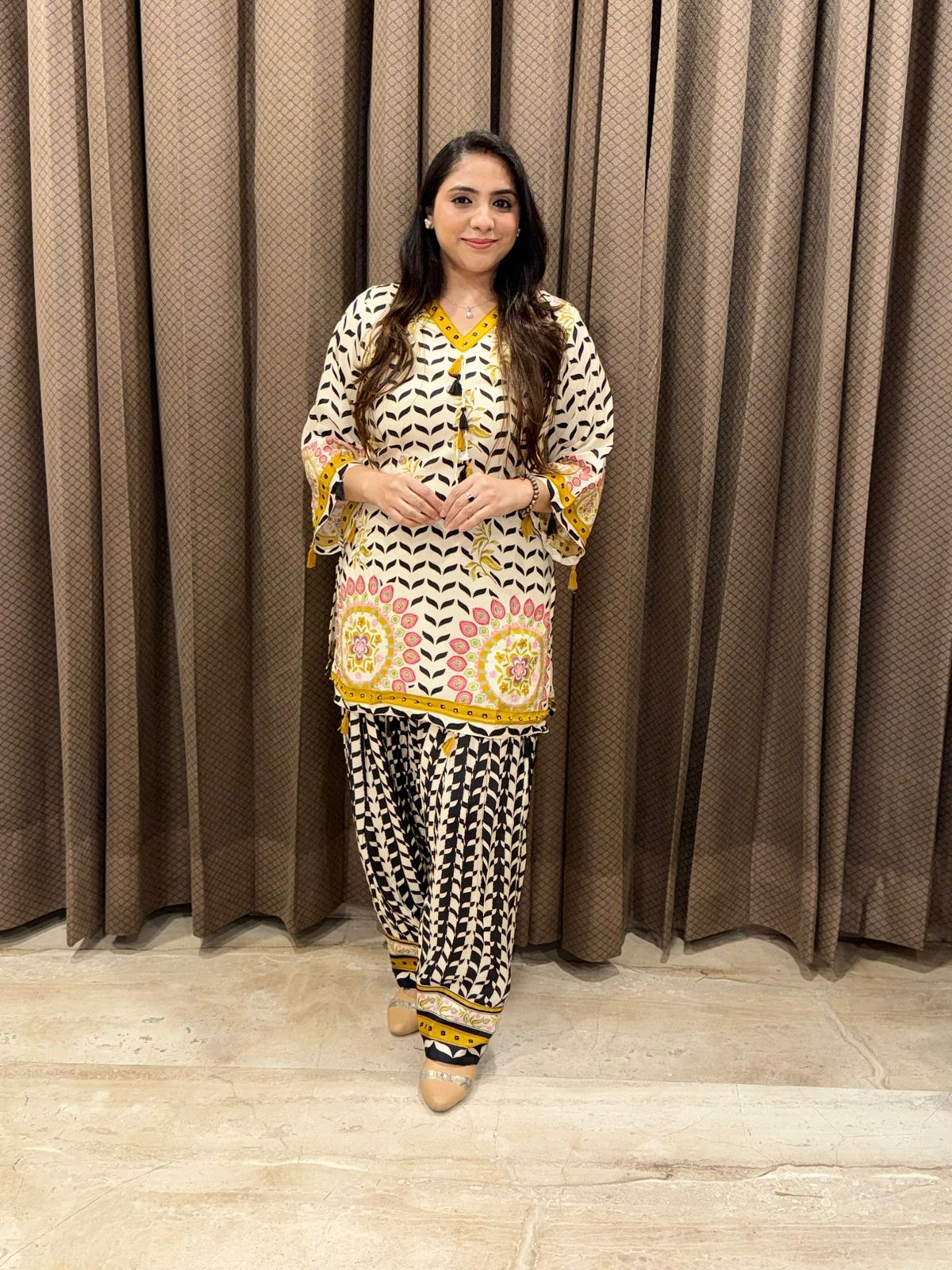 Designer Black Digital print Farshi set with tassel detailing