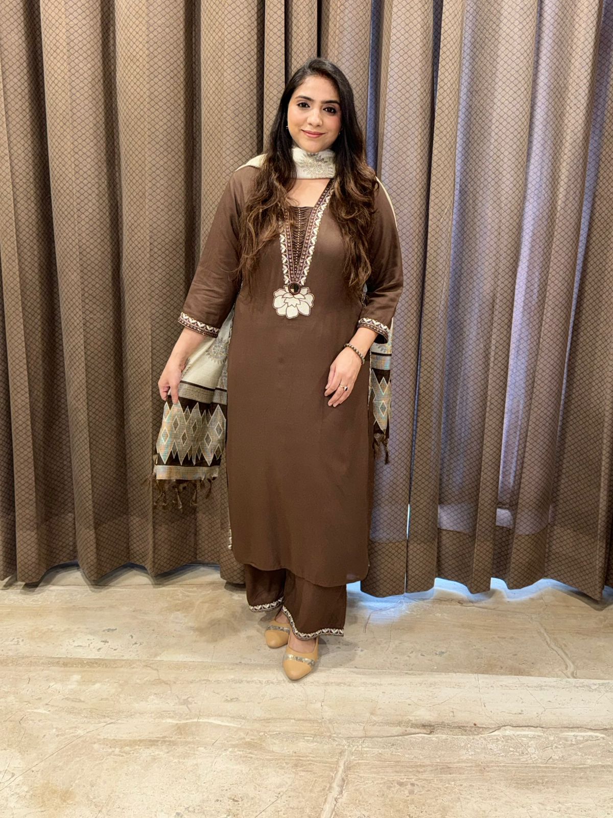 Designer Brown Straight Suit set with handwork detailing