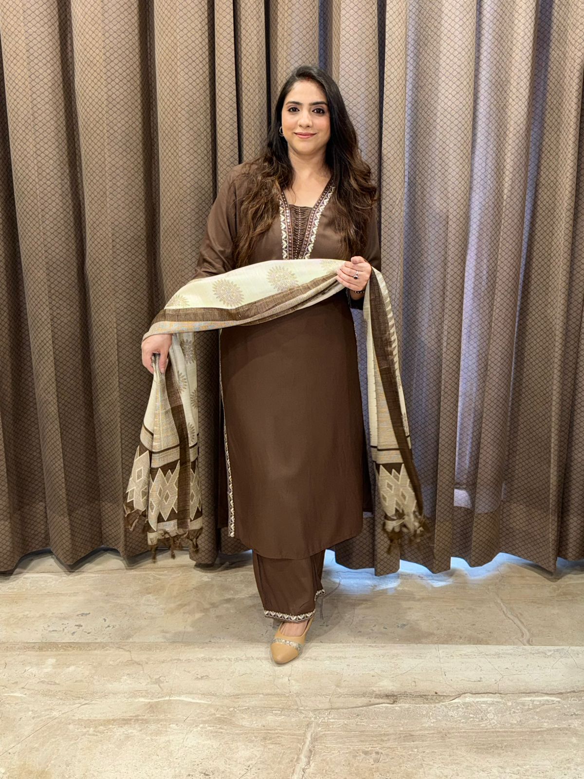 Designer Brown Straight Suit set with handwork detailing