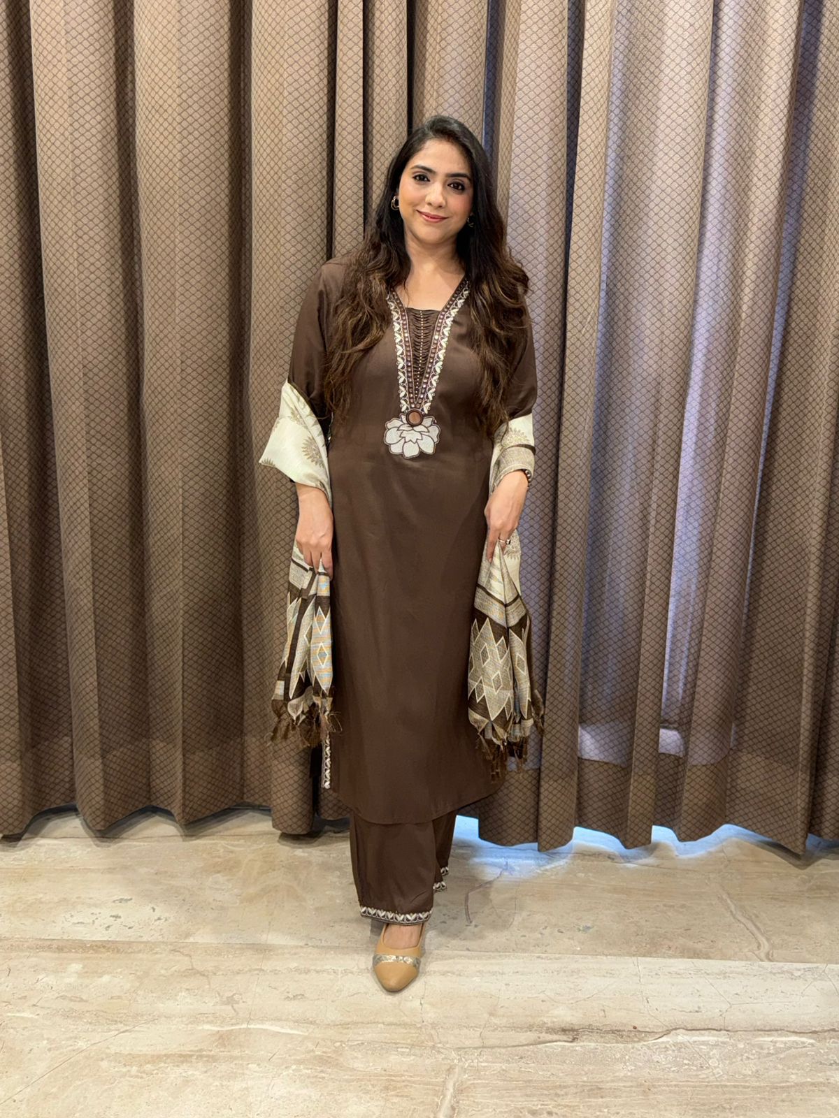 Designer Brown Straight Suit set with handwork detailing
