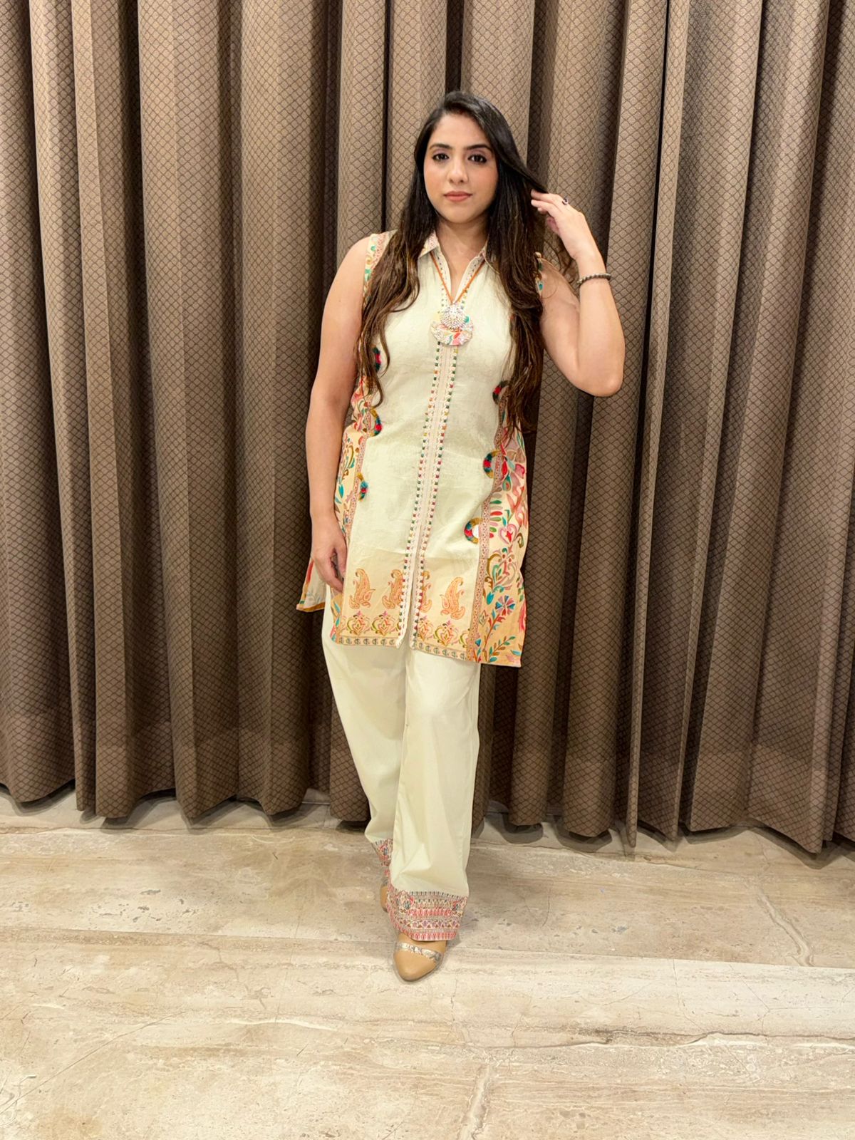 Smart Beige Co-ord set with neckpiece