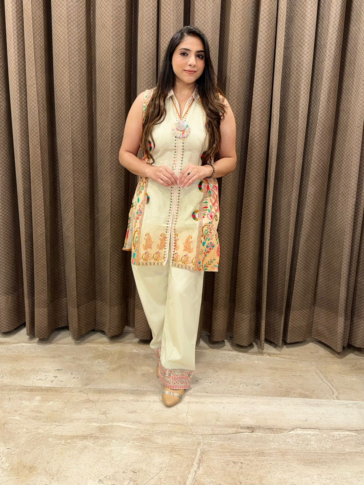 Smart Beige Co-ord set with neckpiece