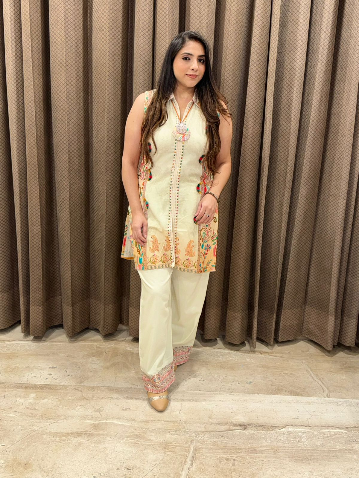 Smart Beige Co-ord set with neckpiece