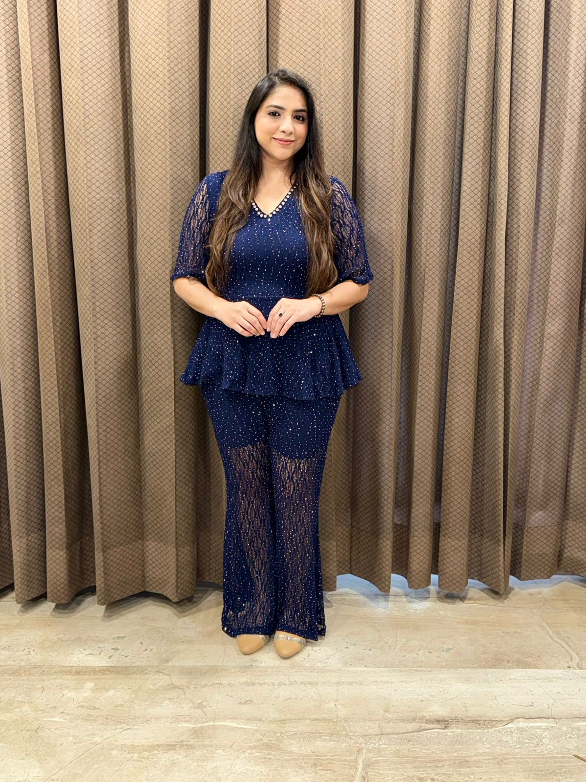 Designer Blue swarovski embellished Co-ord set with handwork