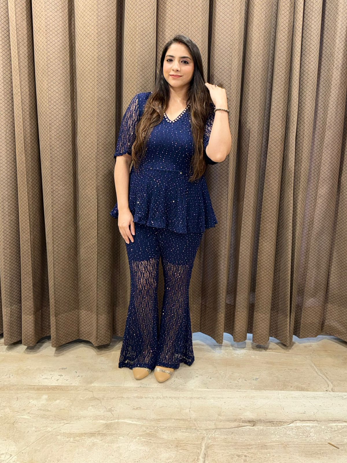 Designer Blue swarovski embellished Co-ord set with handwork