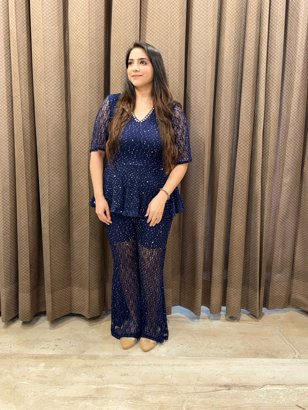 Designer Blue swarovski embellished Co-ord set with handwork