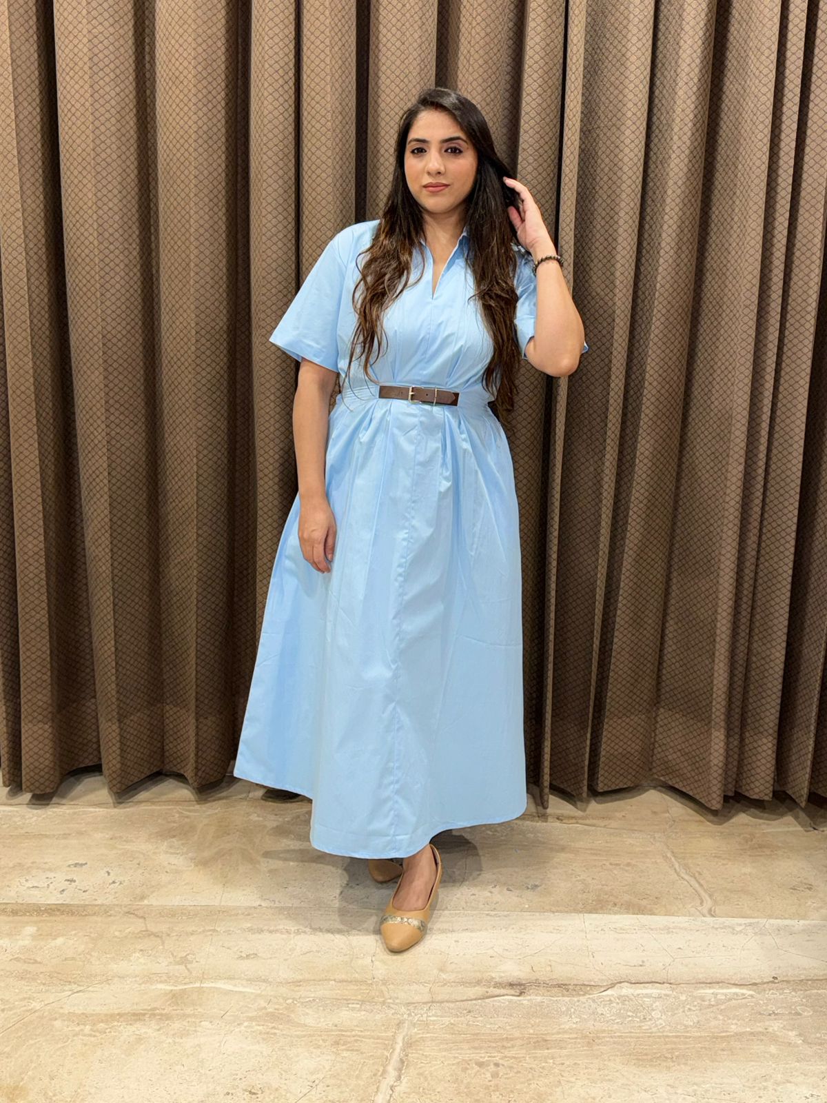Elegant Blue Cotton Midi Dress with attached belt