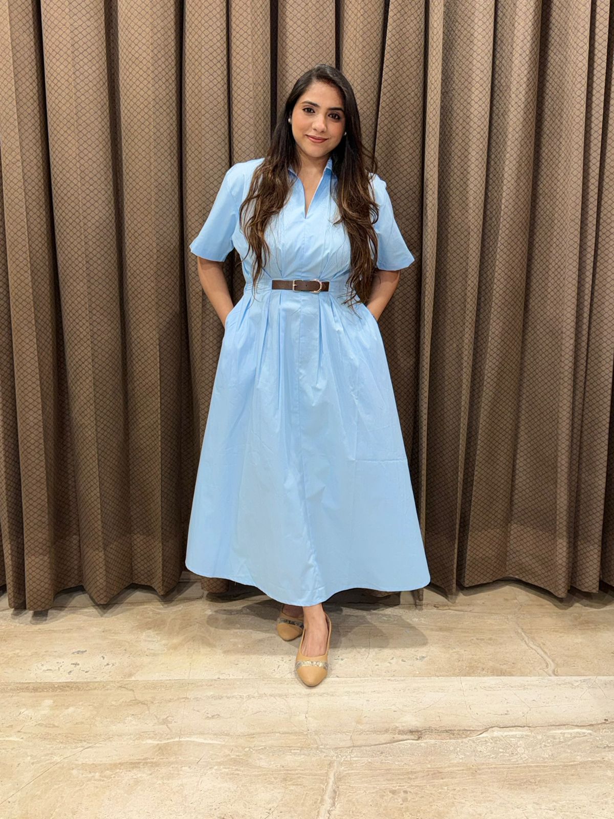 Elegant Blue Cotton Midi Dress with attached belt