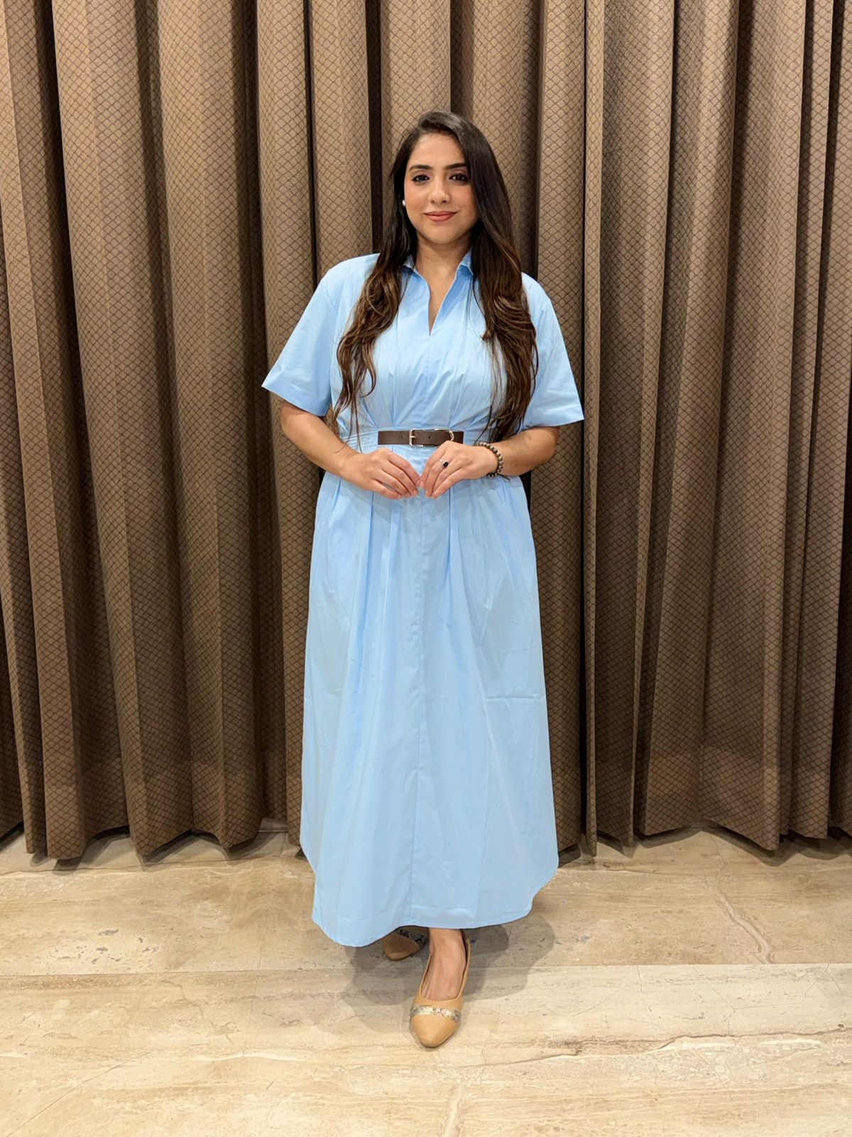 Elegant Blue Cotton Midi Dress with attached belt