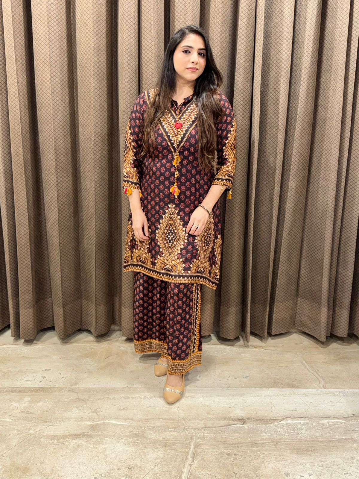 Elegant Wine digital print Co-ord set with handwork & tassels