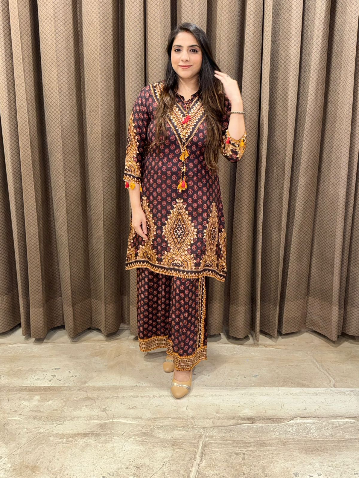 Elegant Wine digital print Co-ord set with handwork & tassels