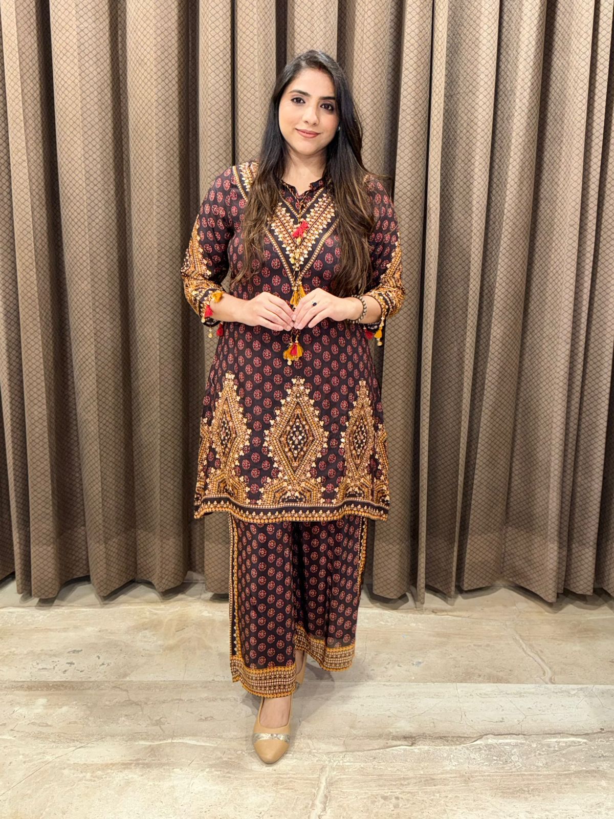 Elegant Wine digital print Co-ord set with handwork & tassels