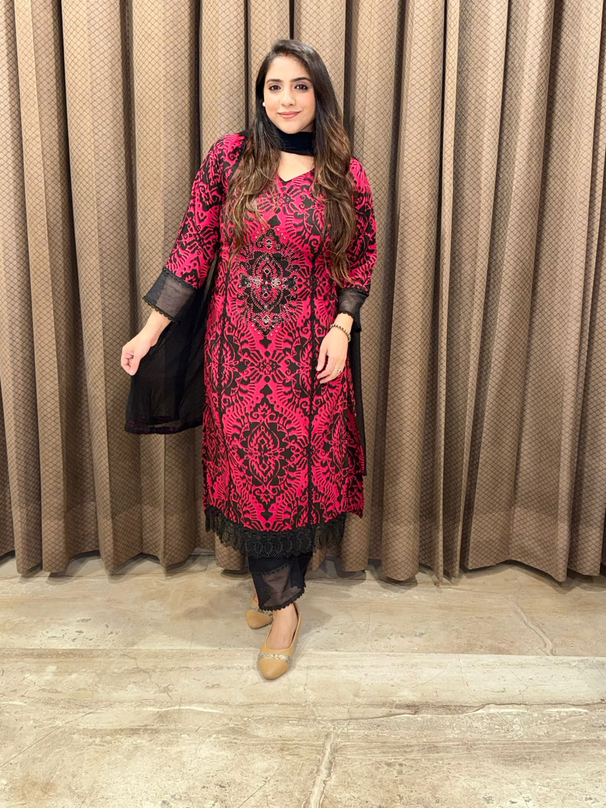 Designer Maroon and black Straight suit set with handwork