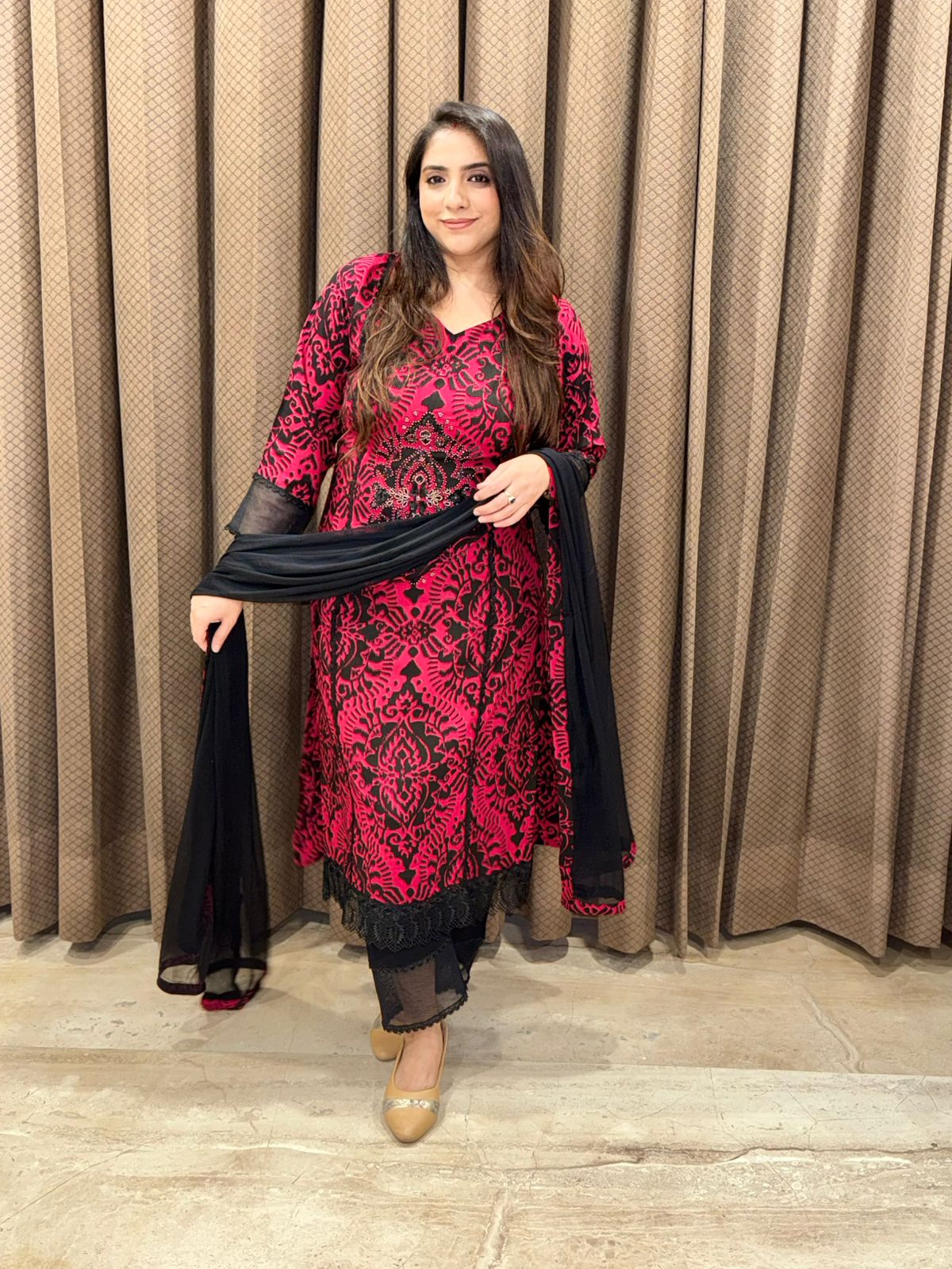 Designer Maroon and black Straight suit set with handwork