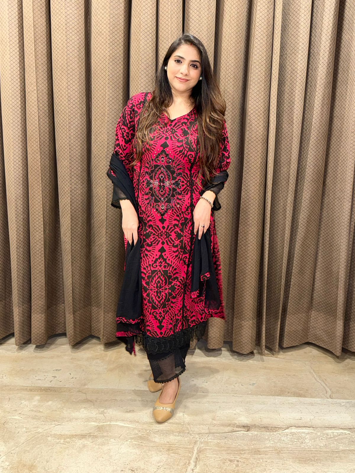 Designer Maroon and black Straight suit set with handwork