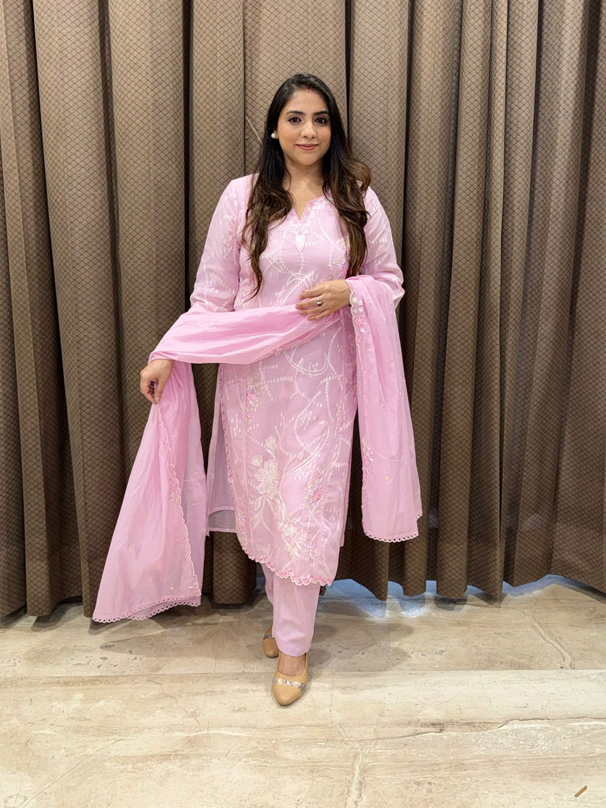 Designer Pink Straight suit with applique flower work & handwork