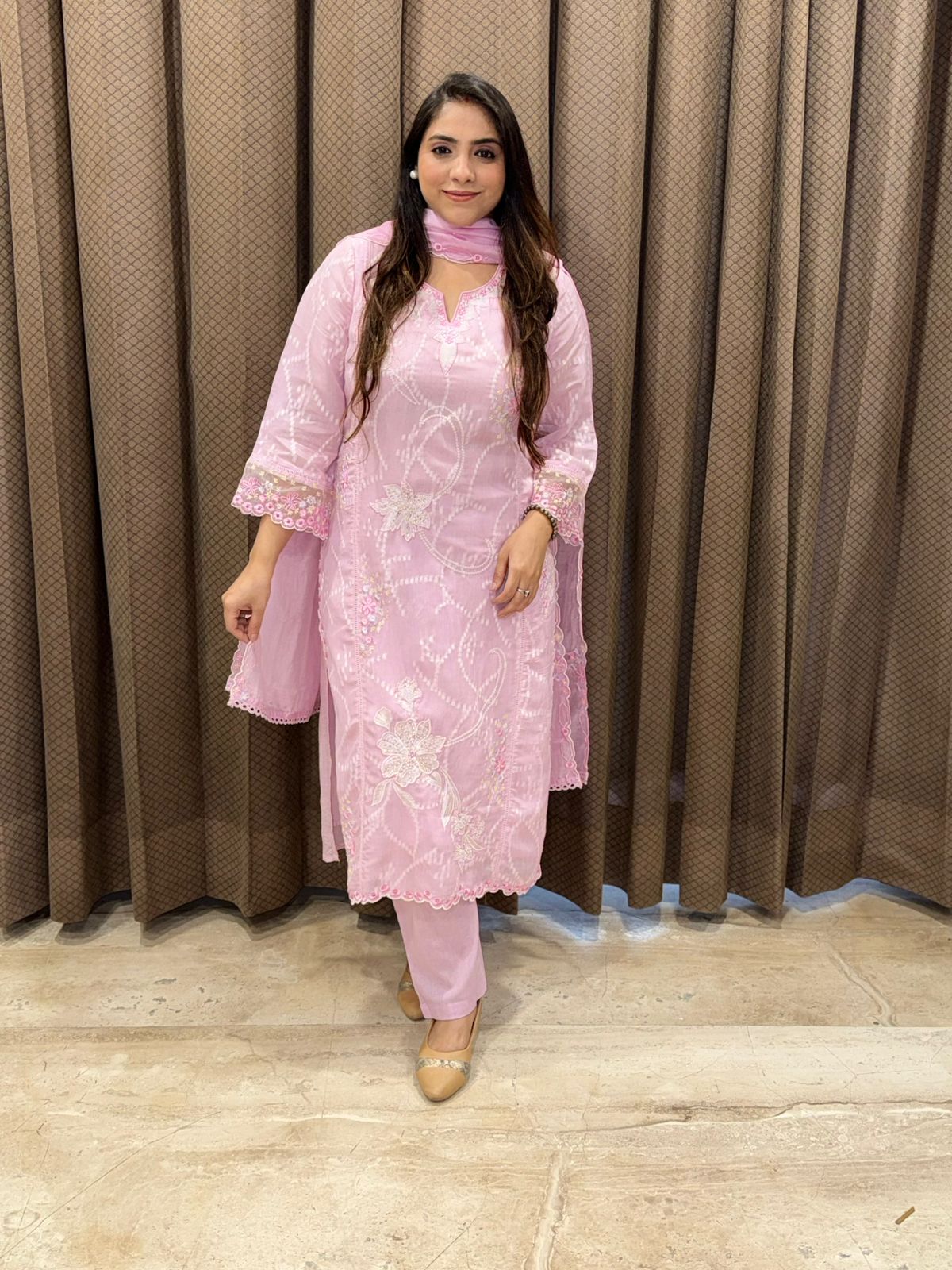 Designer Pink Straight suit with applique flower work & handwork
