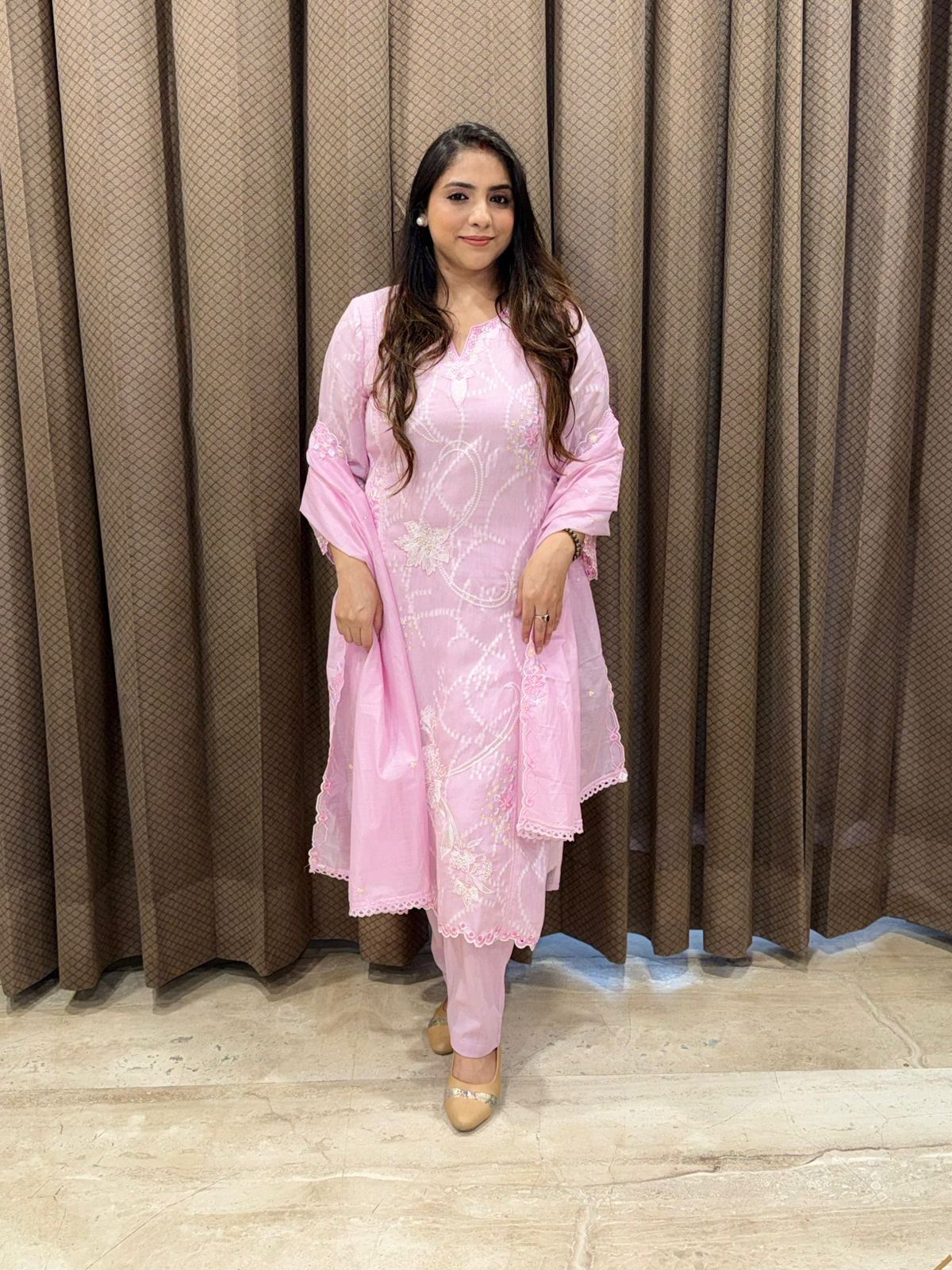 Designer Pink Straight suit with applique flower work & handwork