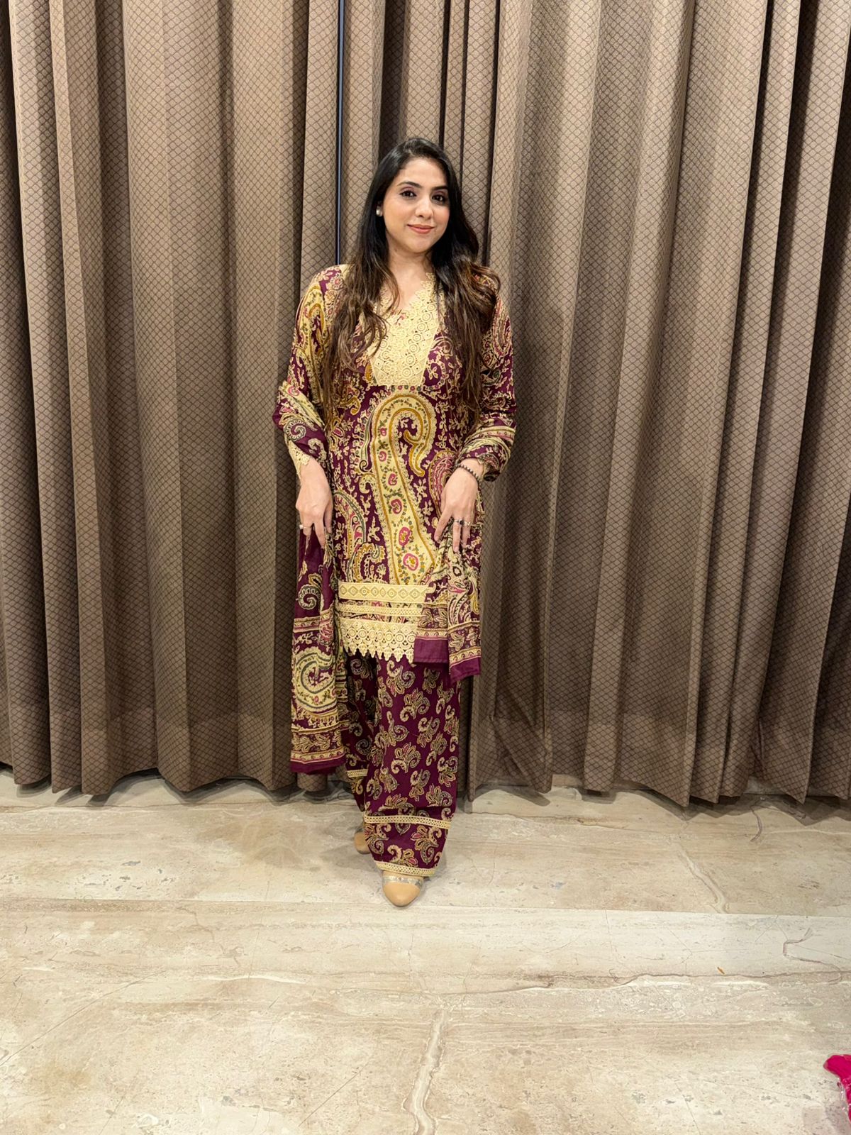 Designer Wine Farshi set with dupatta & laces