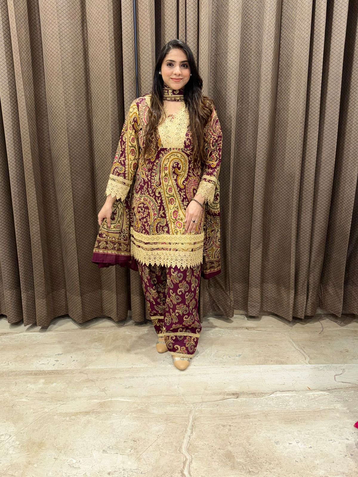 Designer Wine Farshi set with dupatta & laces