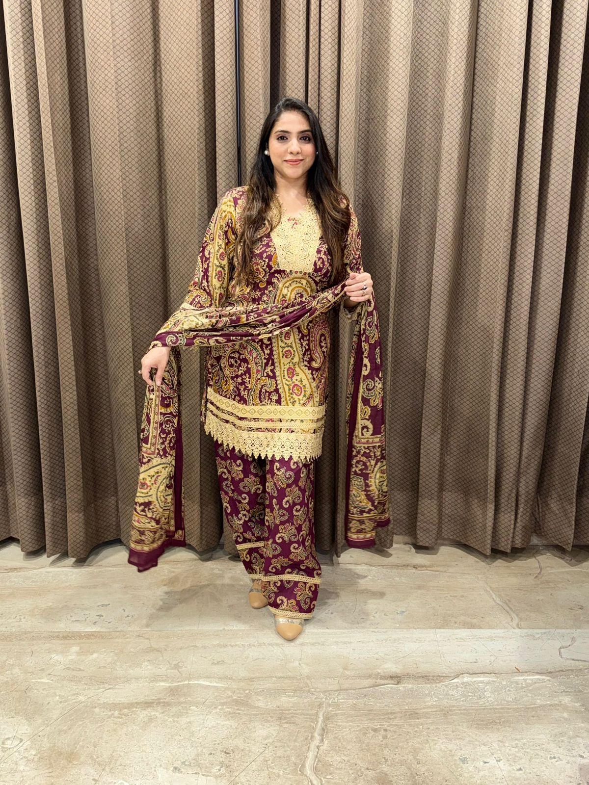 Designer Wine Farshi set with dupatta & laces