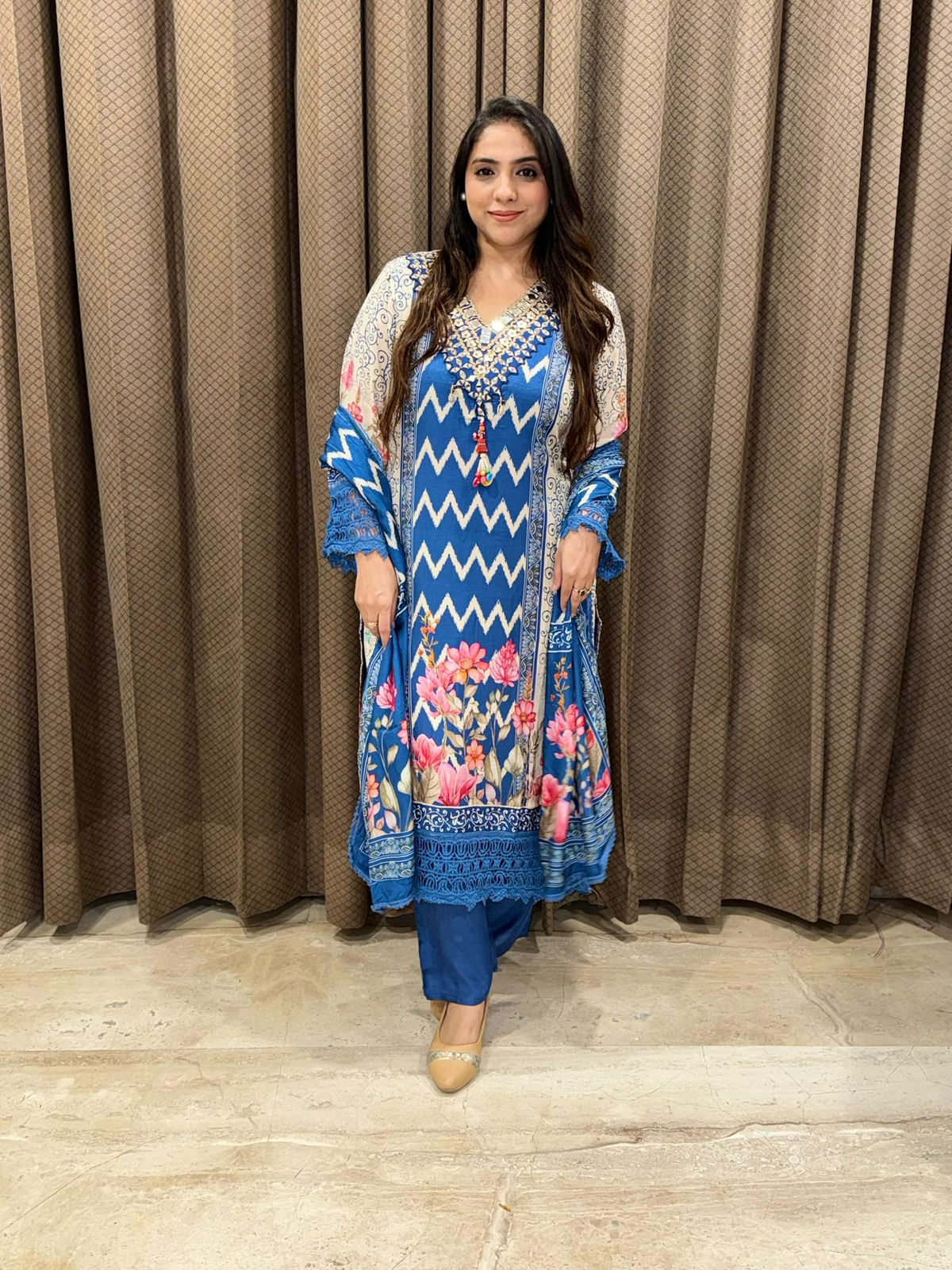 Designer blue digital print Straight suit set with crotia laces