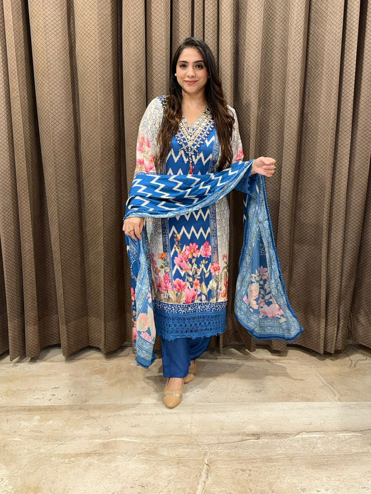 Designer blue digital print Straight suit set with crotia laces