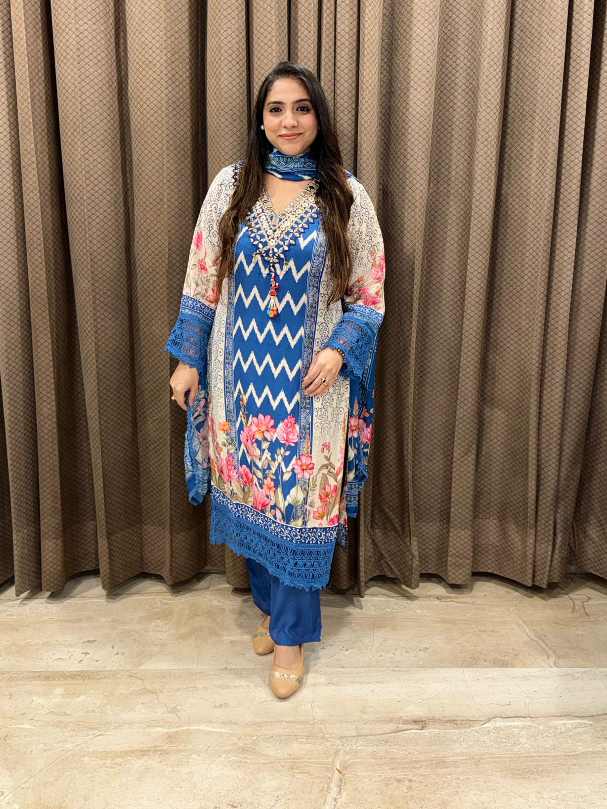 Designer blue digital print Straight suit set with crotia laces