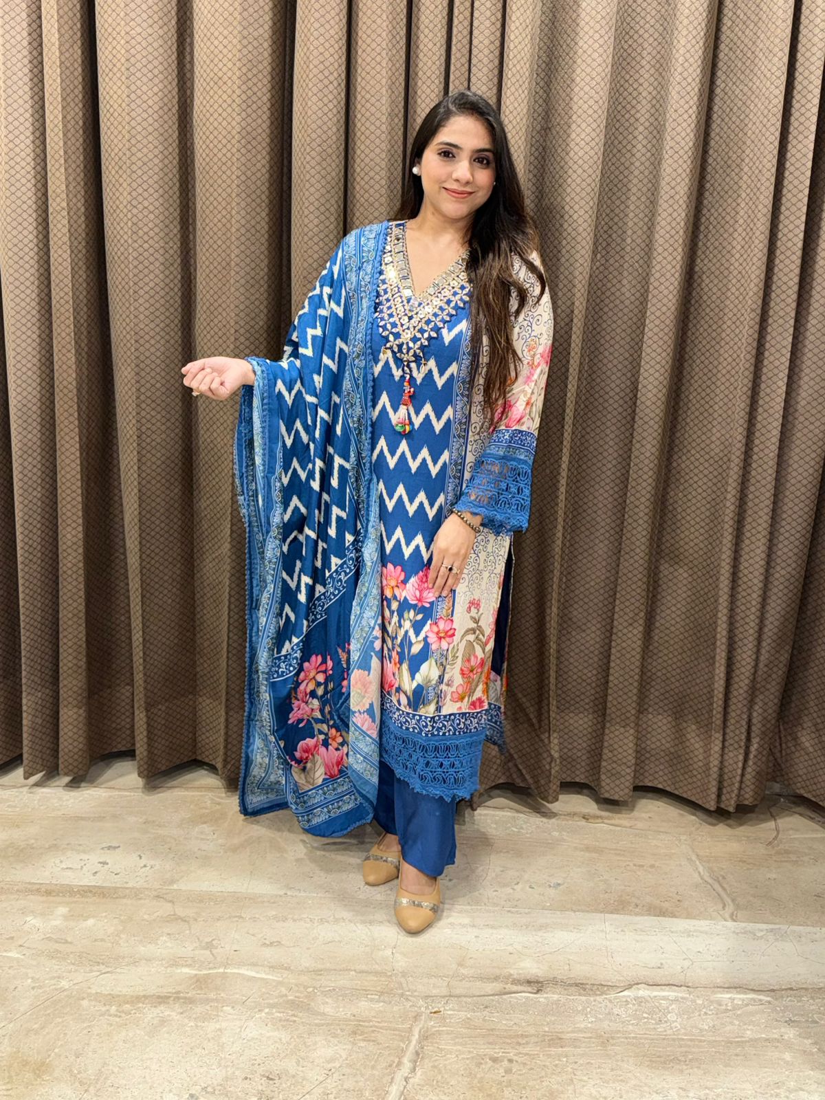 Designer blue digital print Straight suit set with crotia laces