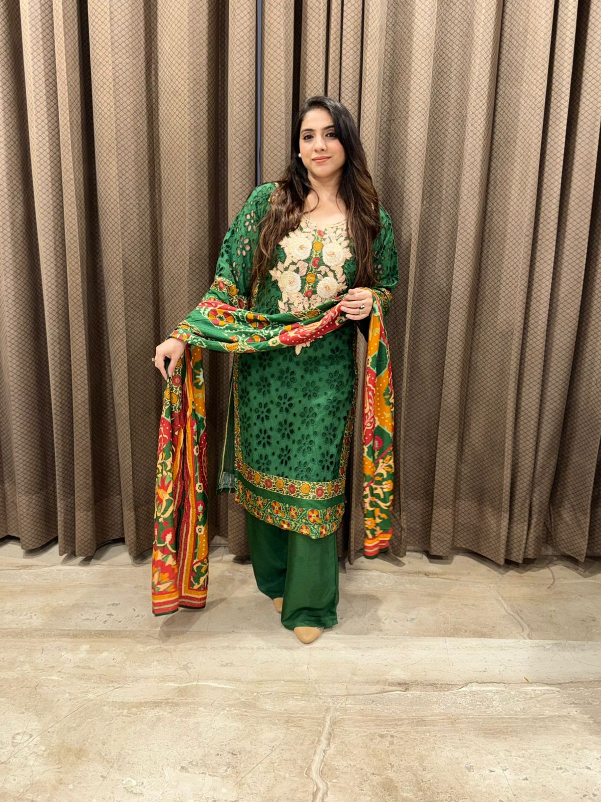 Designer Green straight suit set with dupatta & handwork