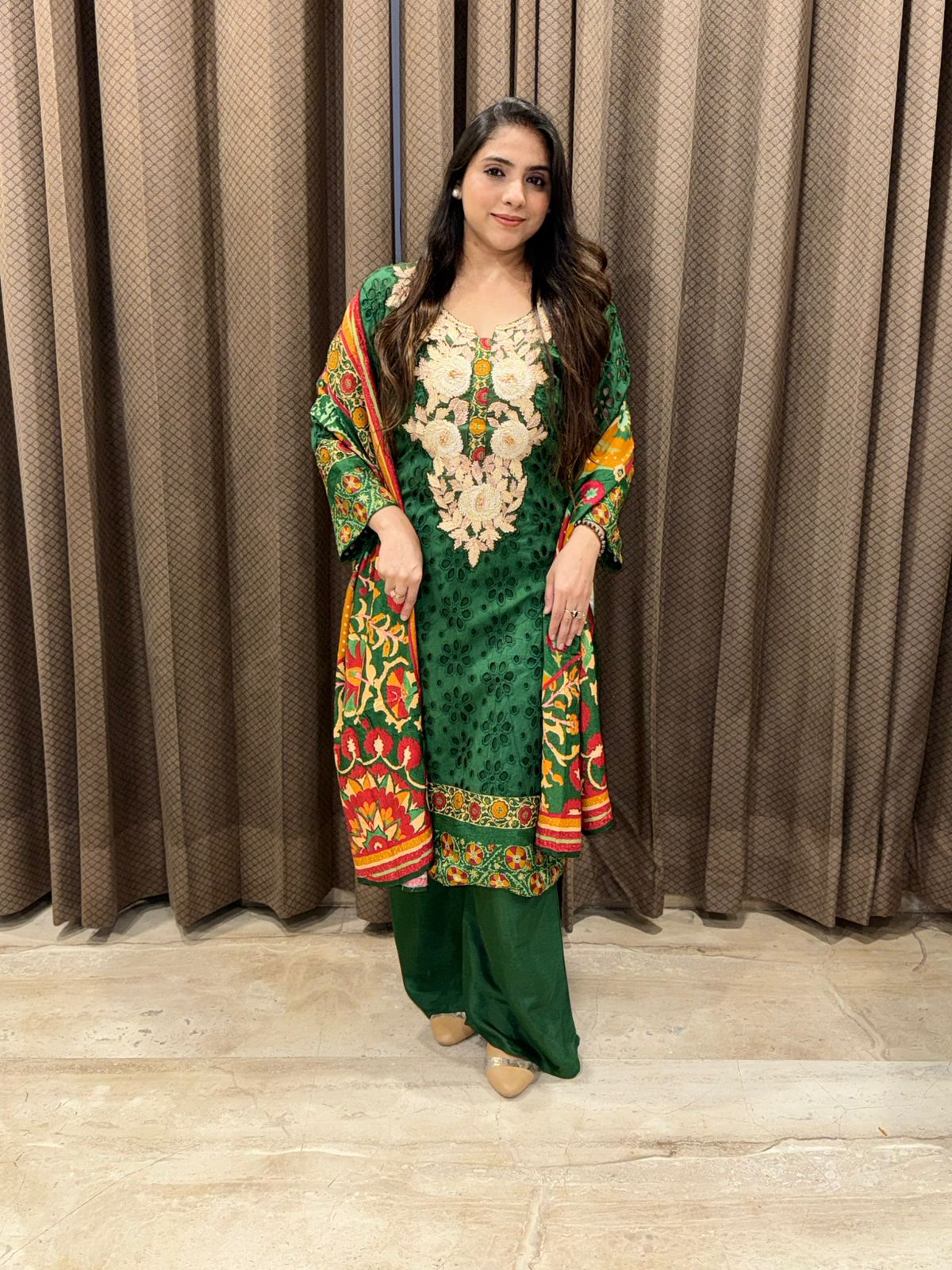 Designer Green straight suit set with dupatta & handwork