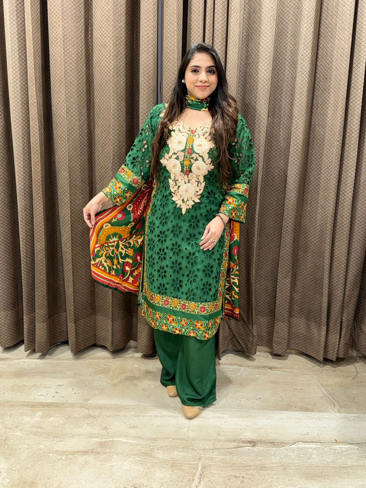 Designer Green straight suit set with dupatta & handwork