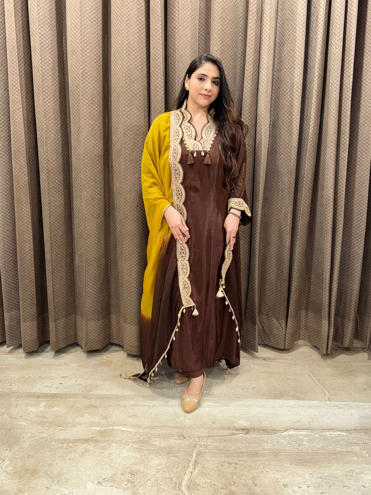 Designer brown Anarkali set with contrast dupatta and handwork