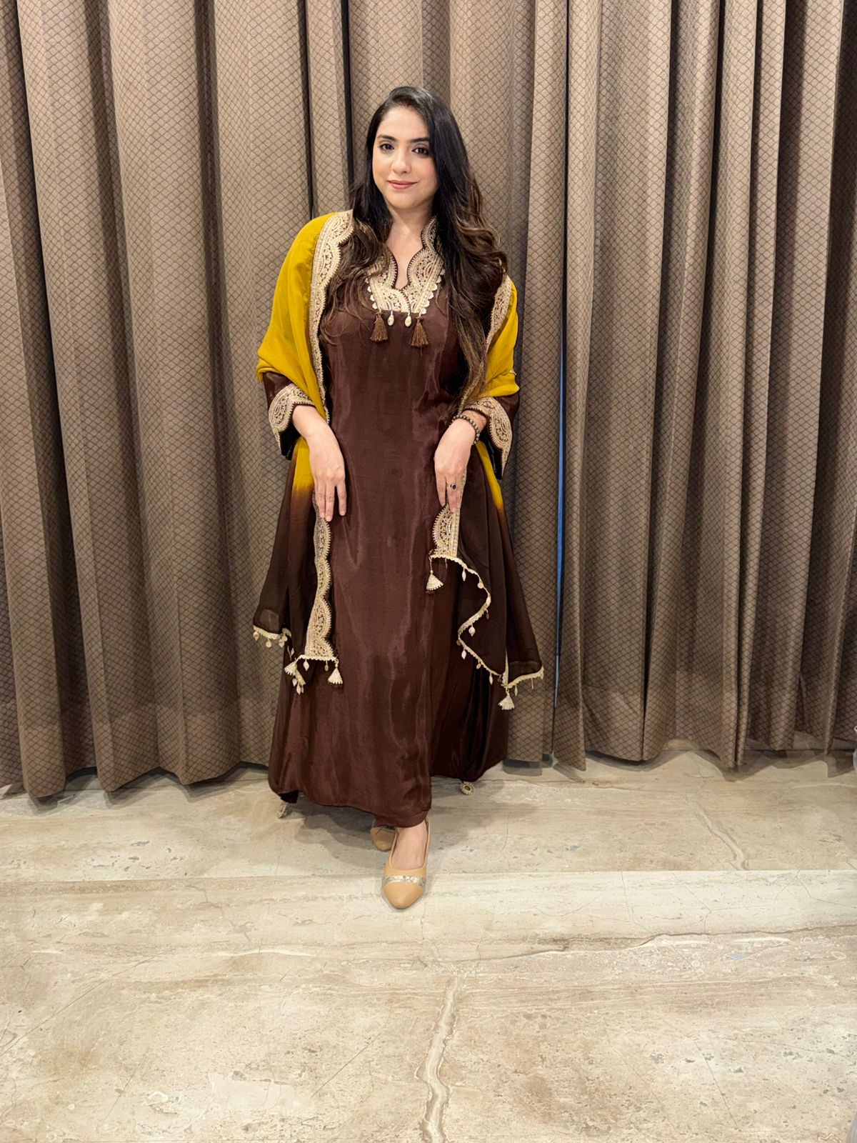 Designer brown Anarkali set with contrast dupatta and handwork