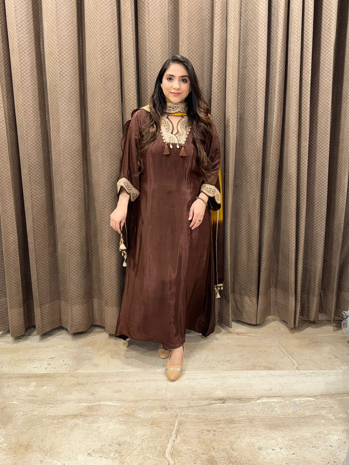 Designer brown Anarkali set with contrast dupatta and handwork