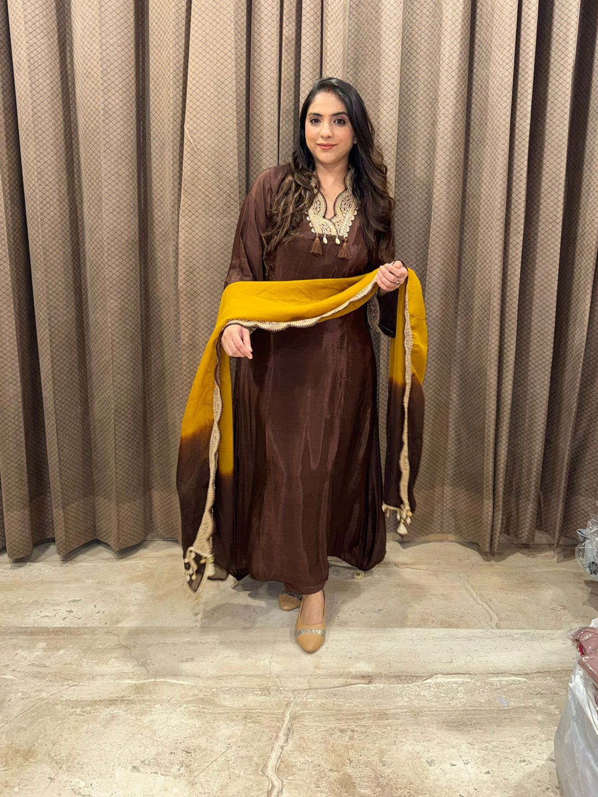Designer brown Anarkali set with contrast dupatta and handwork