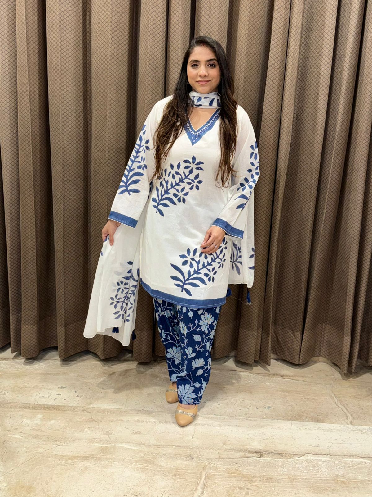 Designer Blue & white Indigo Farshi set with dupatta