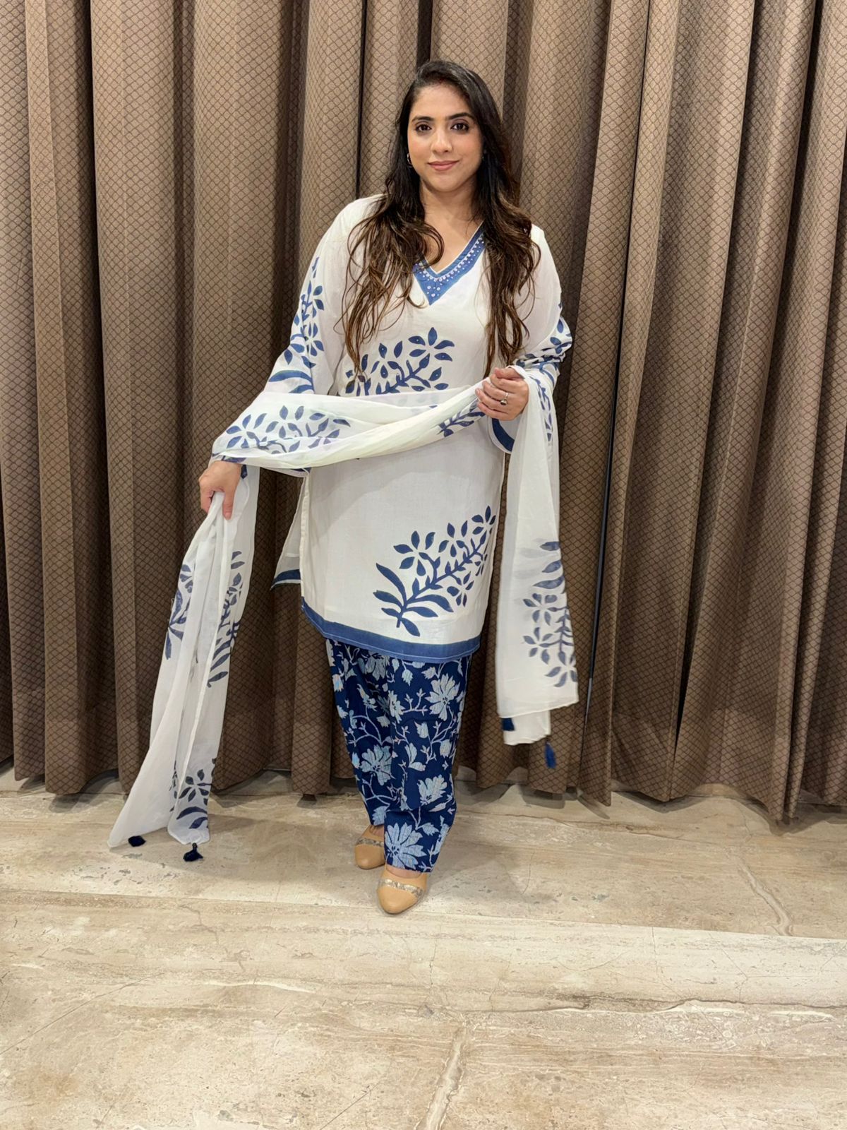 Designer Blue & white Indigo Farshi set with dupatta
