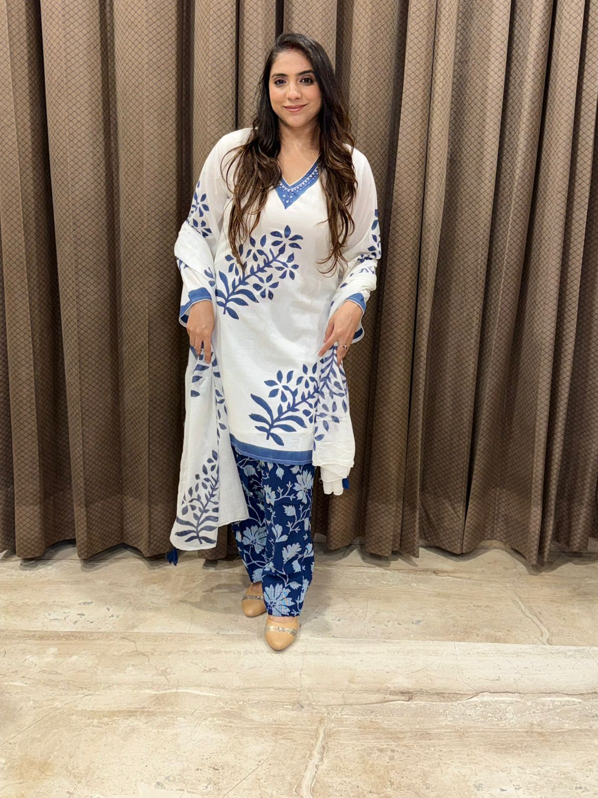 Designer Blue & white Indigo Farshi set with dupatta