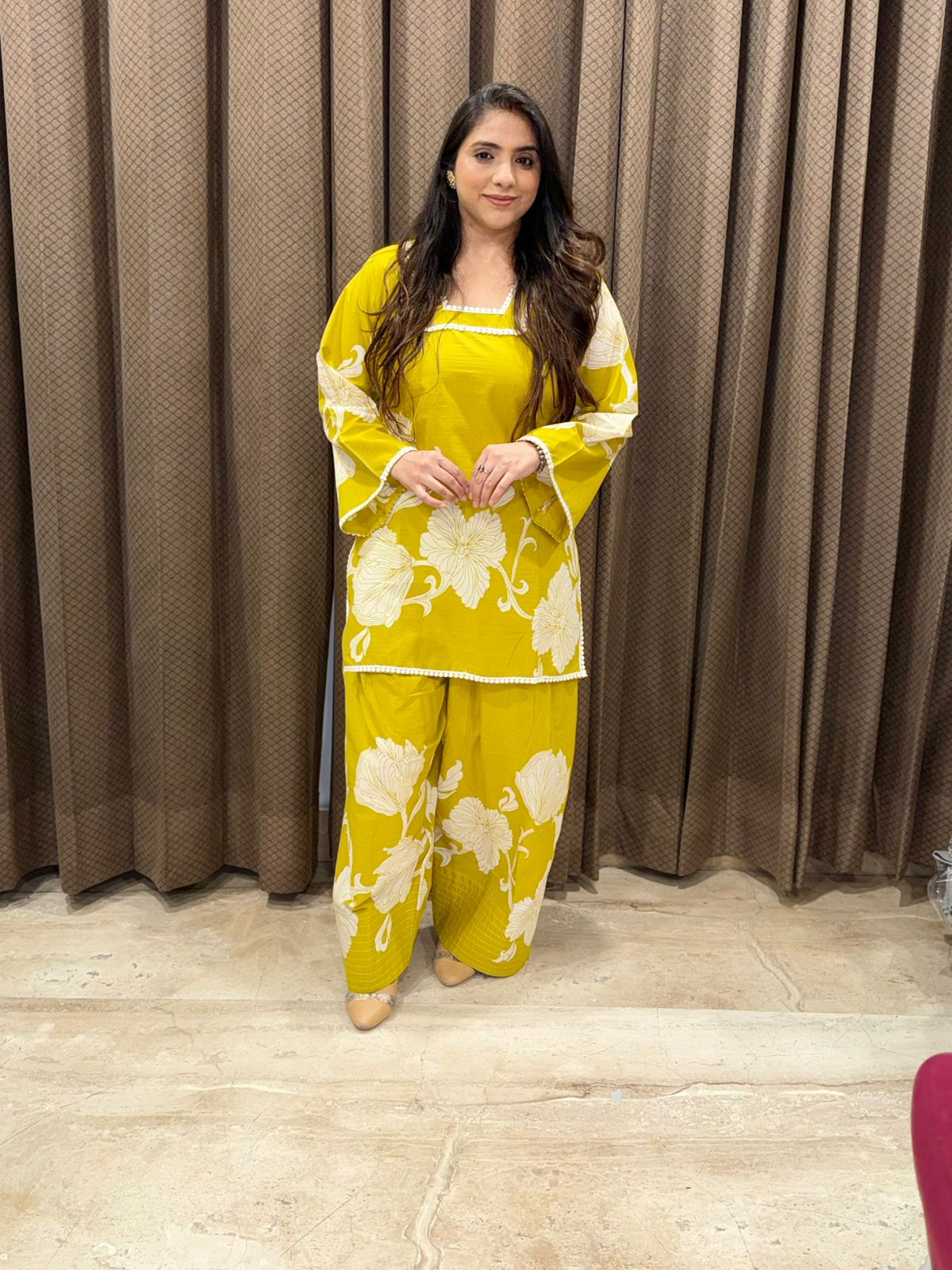 Smart yellow Printed Cotton Farshi set