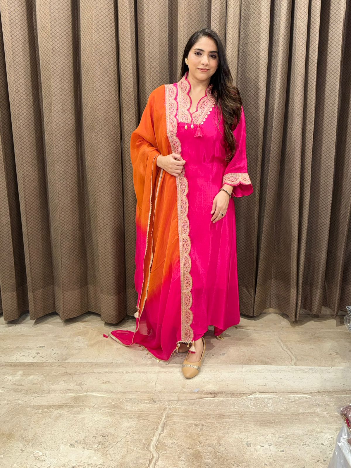 Designer Pink Anarkali set with contrast dupatta and handwork