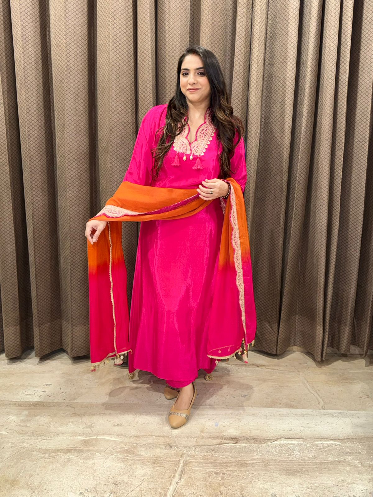 Designer Pink Anarkali set with contrast dupatta and handwork