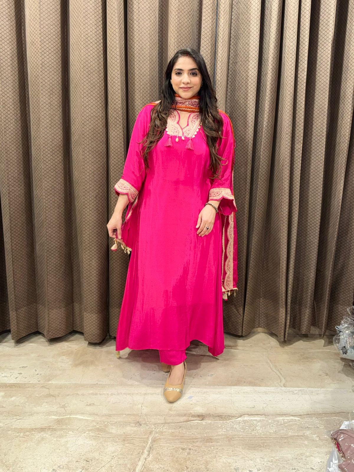 Designer Pink Anarkali set with contrast dupatta and handwork