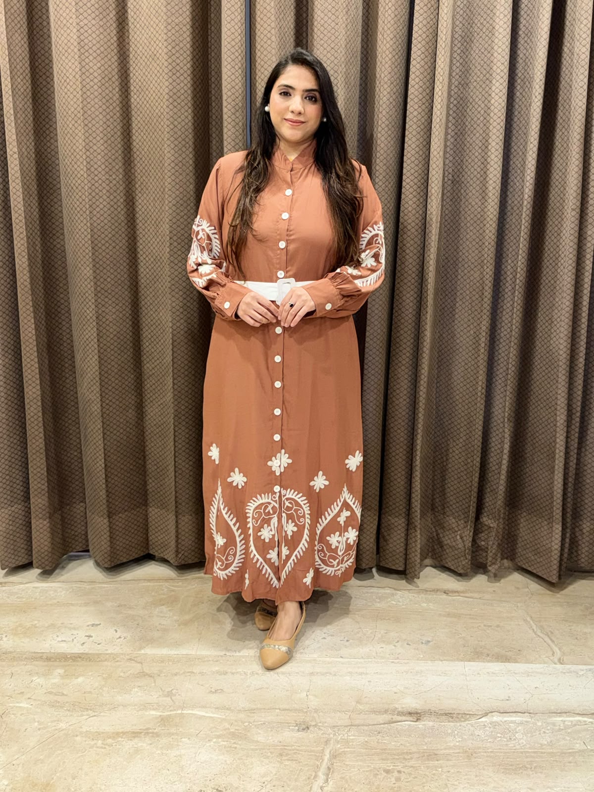 Elegant Brown Midi dress with Thread work with belt